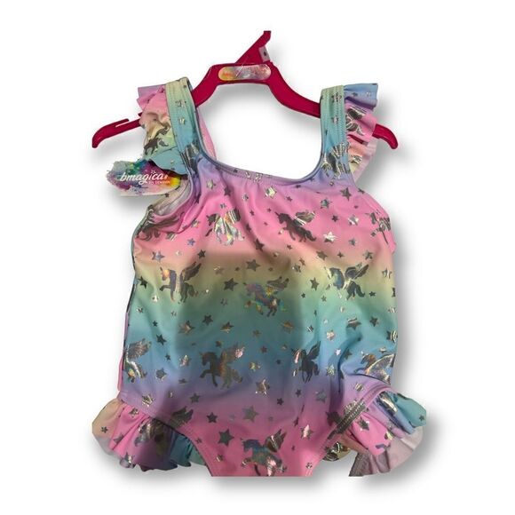 Bmagical by Btween Unicorn Rainbow Ruffle One Piece Swimsuit Sun Hat NWT - Picture 2 of 5